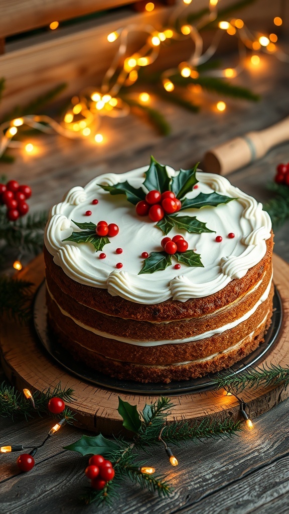 Traditional Christmas Cake Recipe A traditional Christmas cake decorated with marzipan and fondant, featuring festive holly and berries, on a wooden table with holiday decorations.